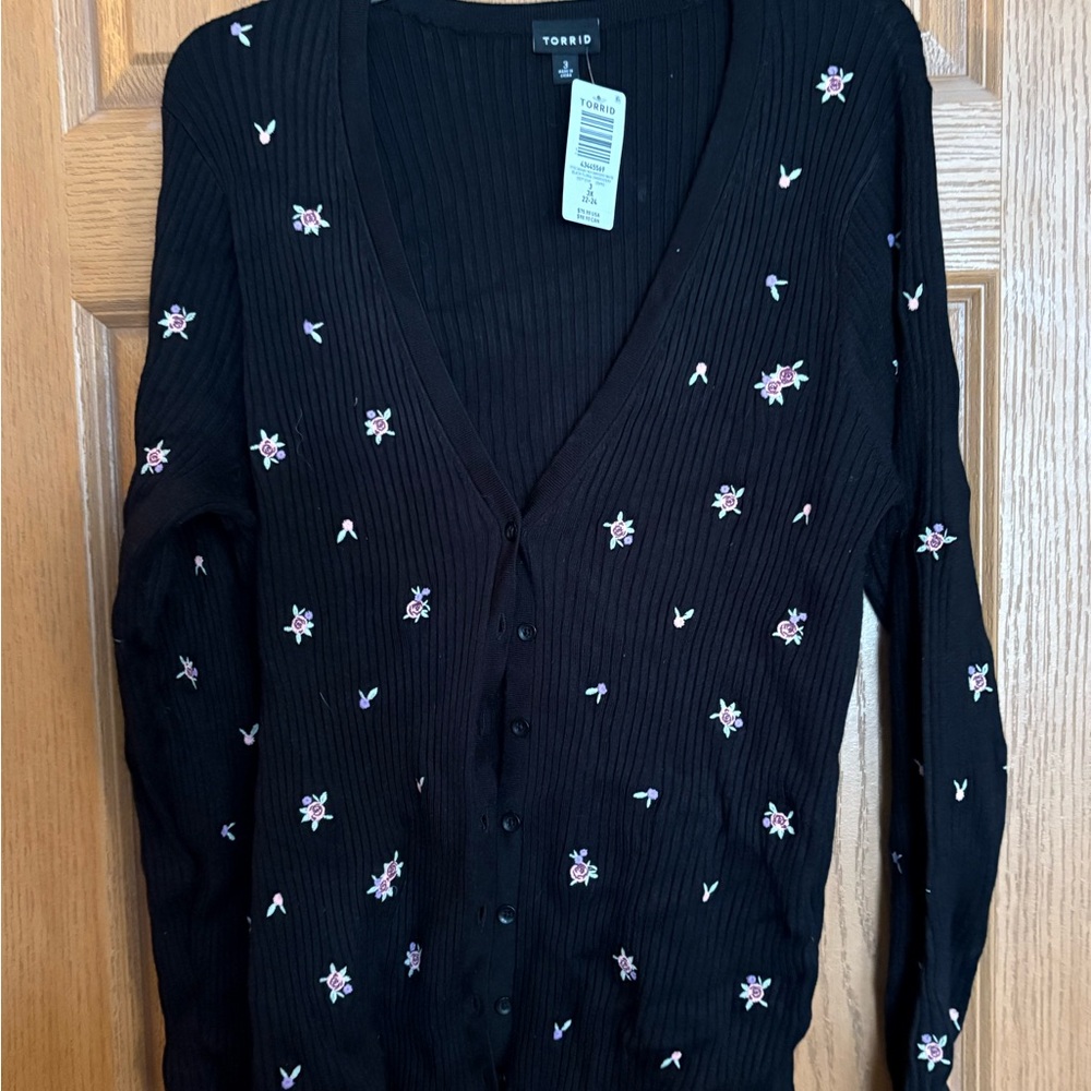 Torrid Black Cardigan with Pink Floral Accents